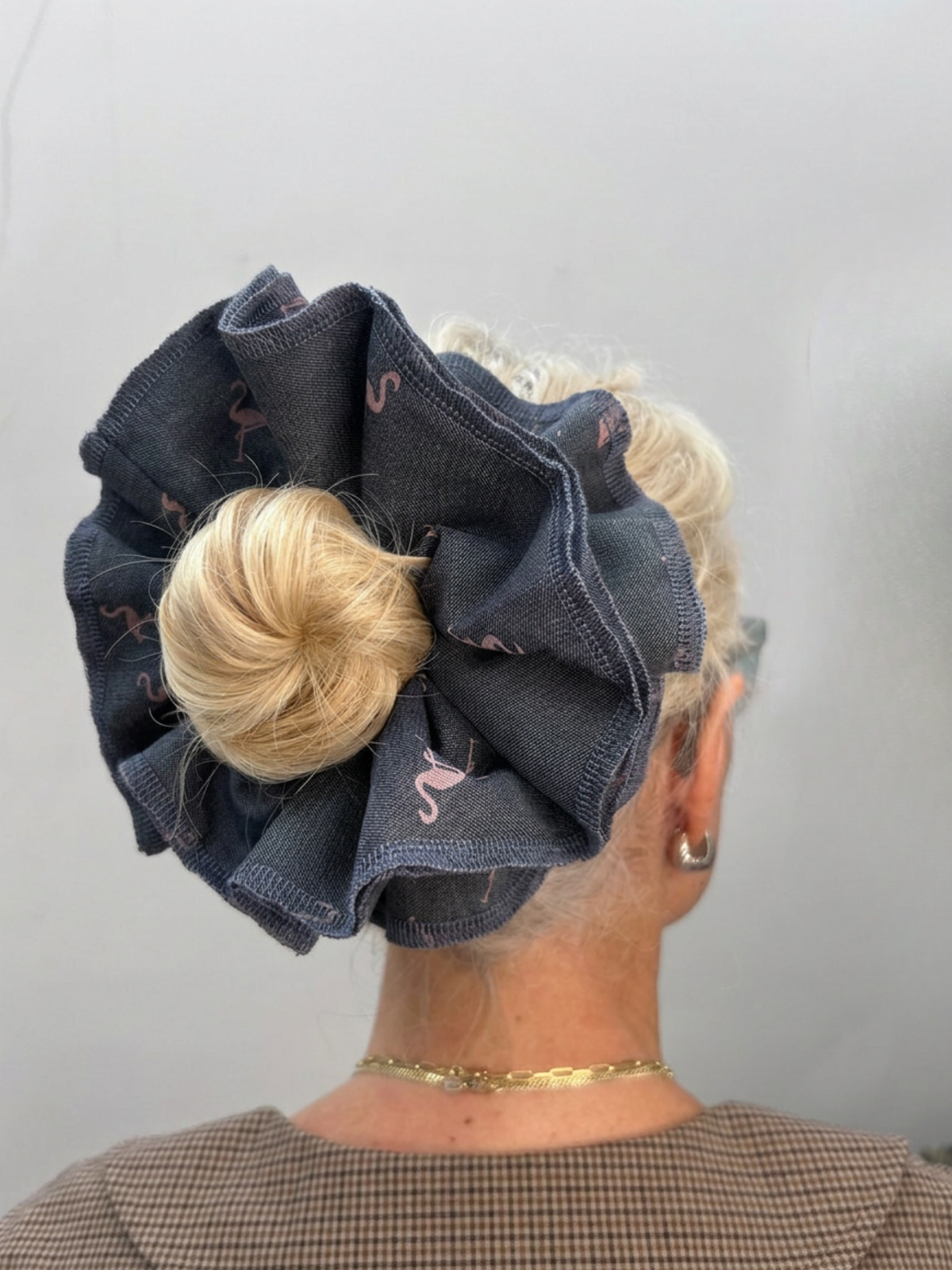 Organic Cotton pink flamingoes denim scrunchie - Azaria | No More Nobody-1
