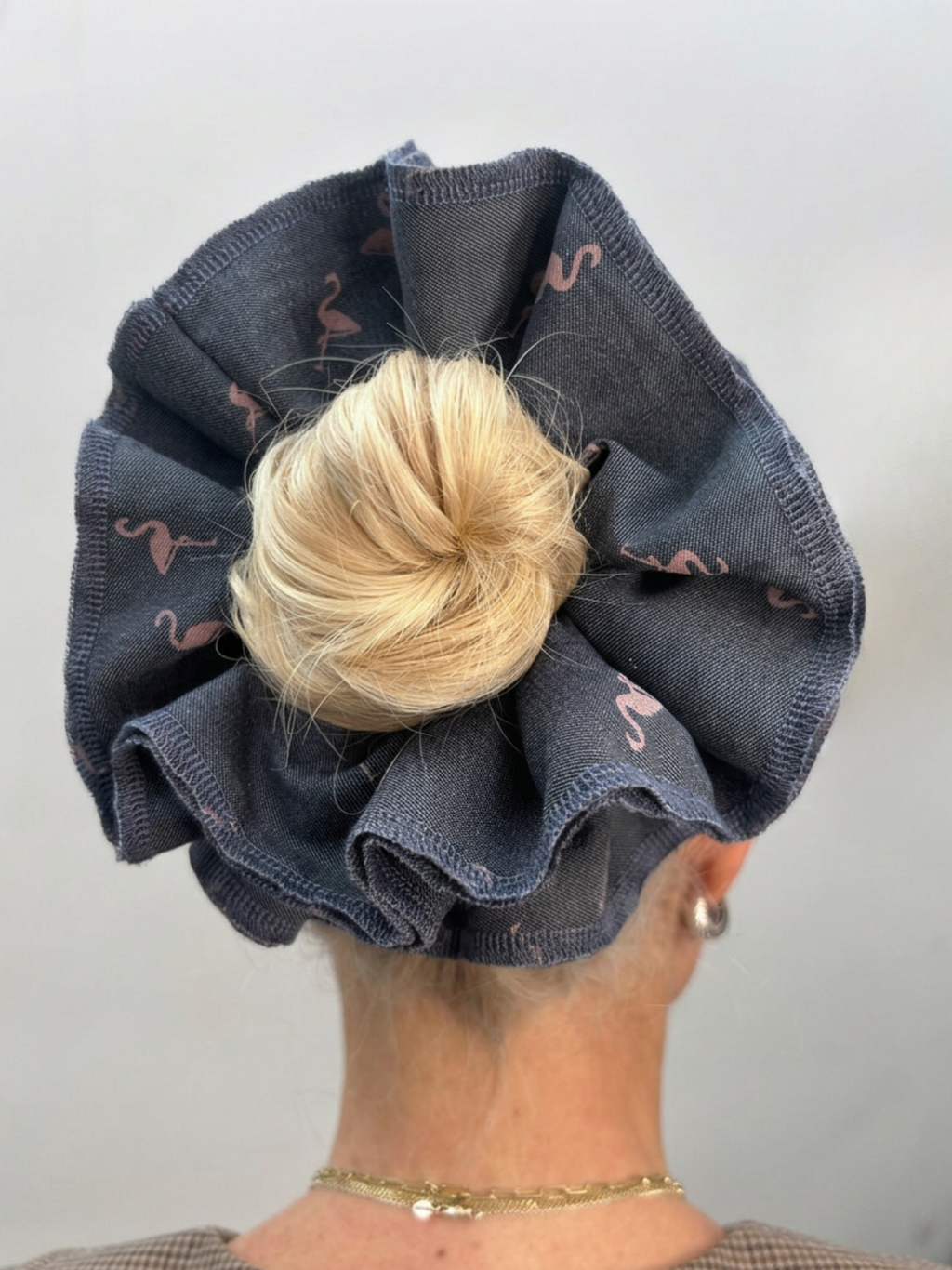 Organic Cotton pink flamingoes denim scrunchie - Azaria | No More Nobody-2