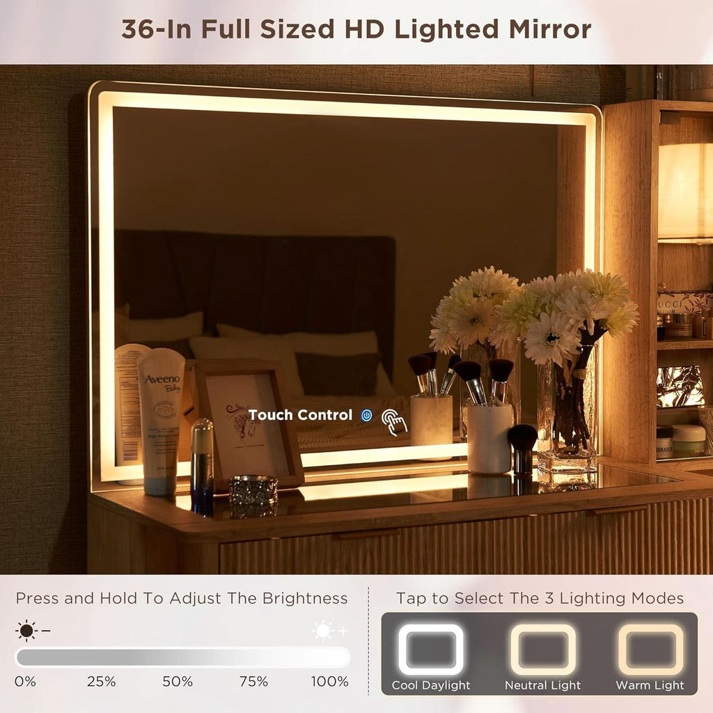 Fluted Vanity Desk 36 Inch Illuminated Cosmetic Mirror-1