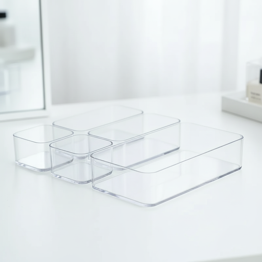 Acrylic Clear Drawer Organizer Set | Cosmetic Storage Box for Vanity, Desk & Office
