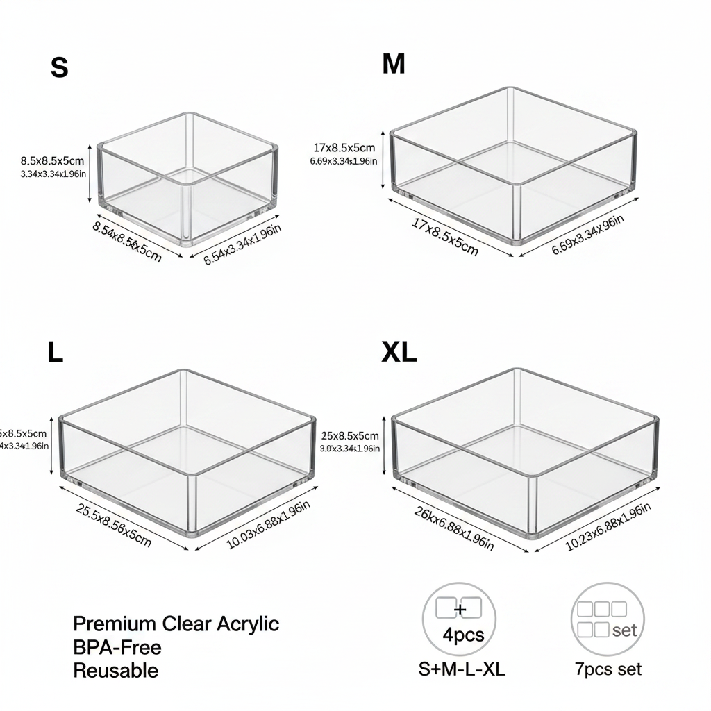 Acrylic Clear Drawer Organizer Set | Cosmetic Storage Box for Vanity, Desk & Office