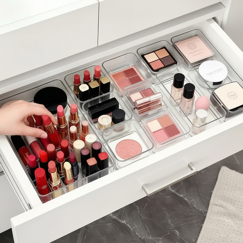 Acrylic Clear Drawer Organizer Set | Cosmetic Storage Box for Vanity, Desk & Office
